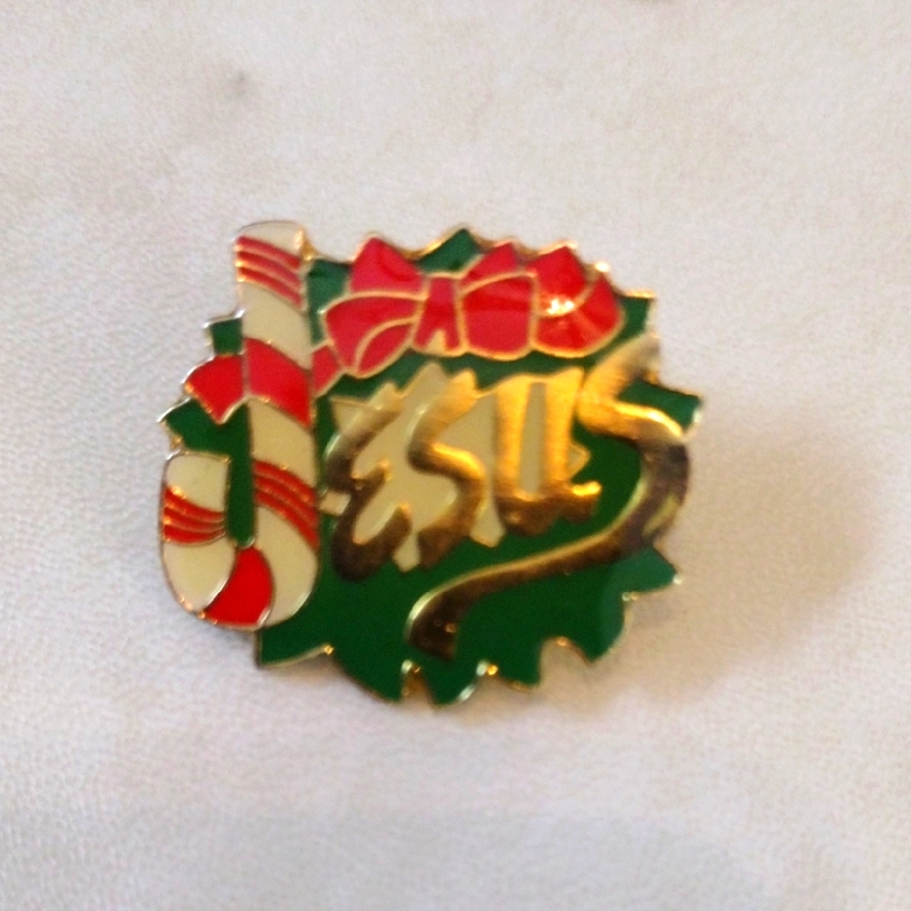 Bob Sieman Christmas  Jesus Pin with Candy Cane and Bow
